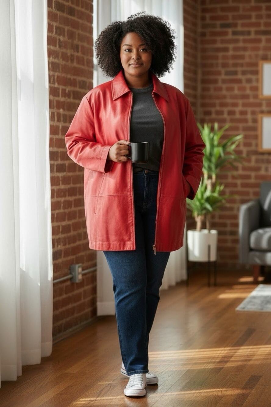 Venezia Plus Size 24W Red Leather Coat Mid Thigh Lined Zip Up Statement jacket